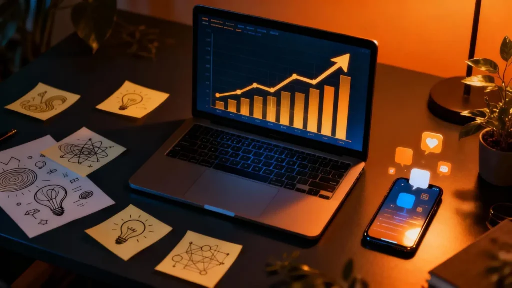 Espacio de trabajo que representa el crecimiento en Instagram sin publicidad, mostrando laptop con gráficos de analíticas, smartphone con íconos de redes sociales y planificación creativa para emprendedores, marketing digital en Instagram, crecimiento orgánico en Instagram, estrategias de Instagram para emprendedores.