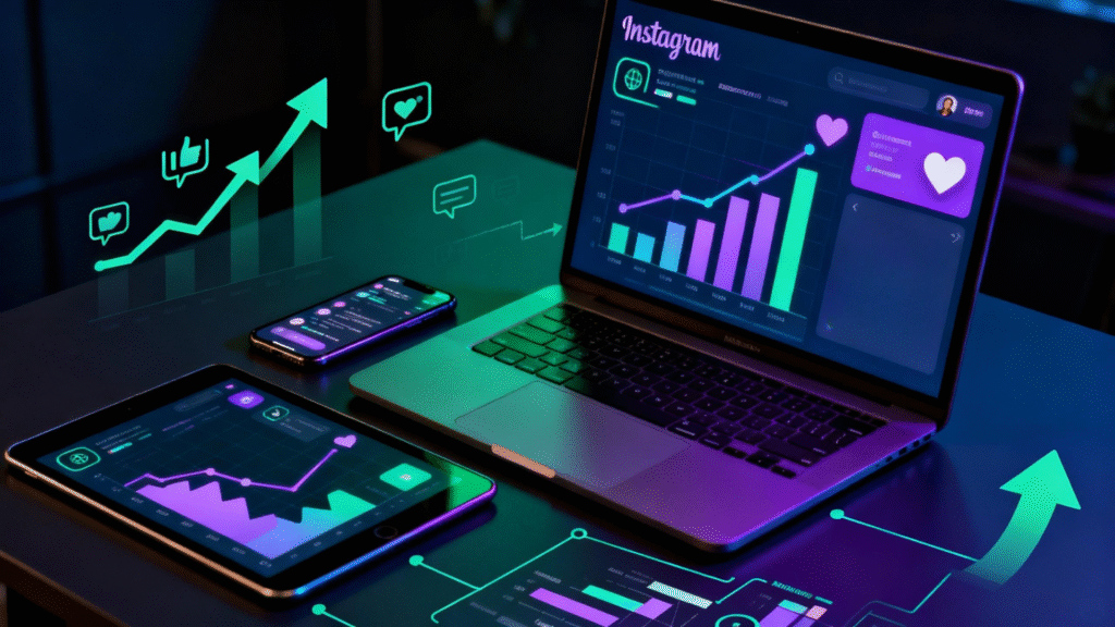 Workspace creativo con dispositivos mostrando estrategias de Instagram para emprendedores, crecimiento orgánico y engagement sin publicidad.