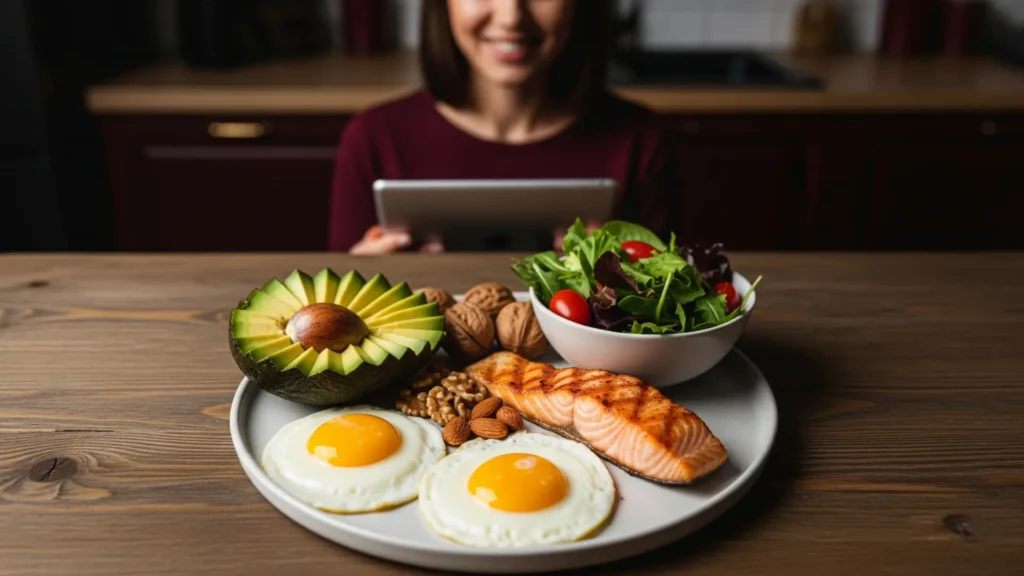 Persona usando tablet con recetario keto mientras disfruta de un desayuno keto con aguacate, huevos, salmón y ensalada. Imagen que representa los beneficios y objetivos del recetario 500 Recetas Keto Fáciles.