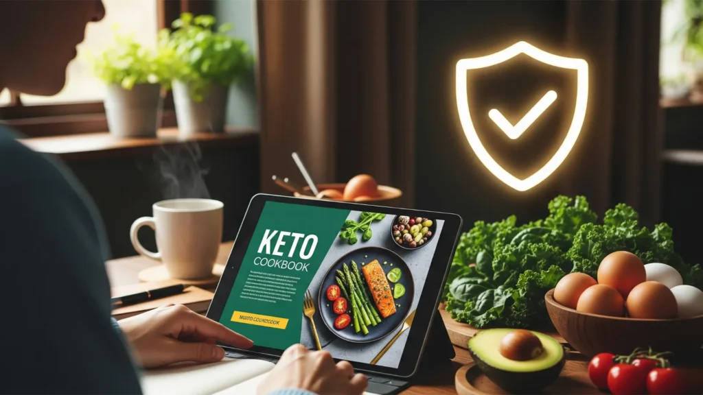 Persona usando tablet con recetario digital 500 Recetas Keto Fáciles, con sello de confianza y garantía, transmitiendo soporte confiable para el recetario keto.