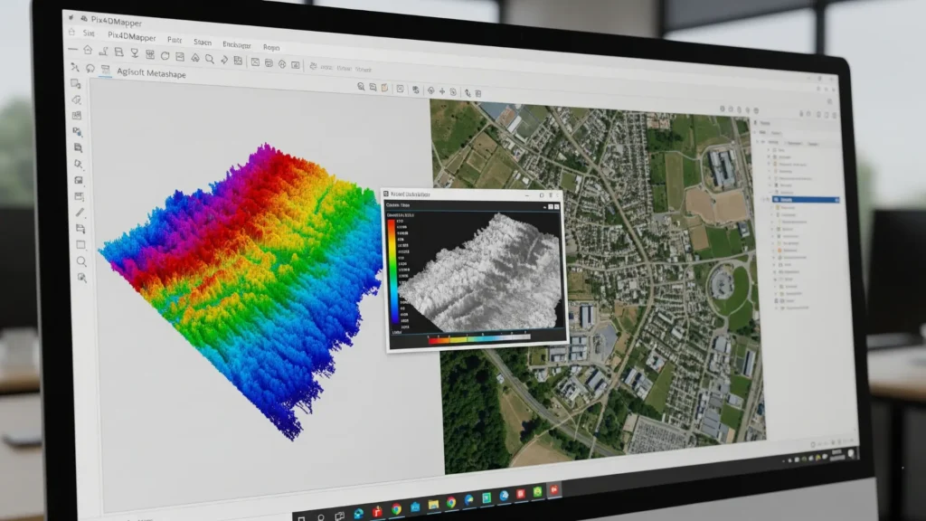 Software de fotogrametría con drones mostrando modelo 3D y análisis de terreno en Pix4Dmapper.