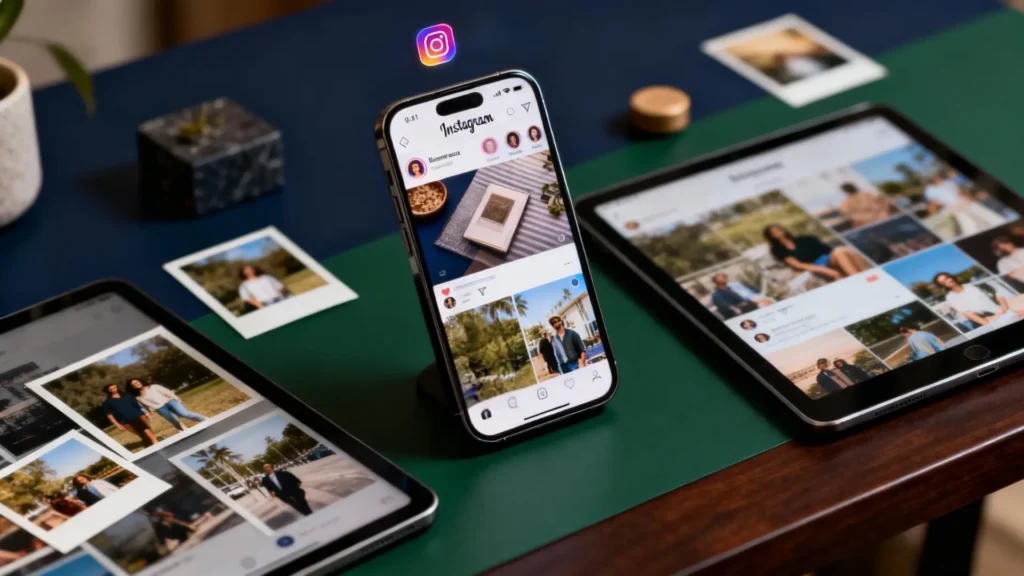 Productos y dispositivos mostrando User Generated Content (UGC) en Instagram, representando interacción real y engagement. Contenido generado por usuarios que aumenta confianza, credibilidad de marca, humaniza la marca y potencia estrategias de marketing digital y crecimiento orgánico en Instagram.