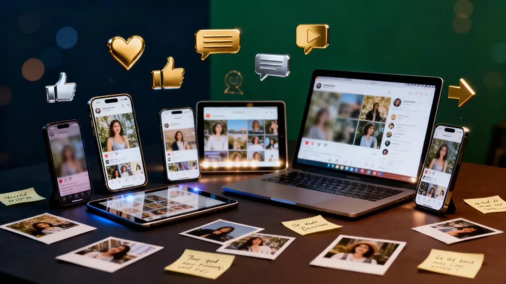 Dispositivos mostrando contenido generado por usuarios (UGC) en Instagram, destacando la estrategia de compartir, aumentar credibilidad, confianza y engagement. Marketing digital para emprendedores con contenido auténtico, crecimiento orgánico y fidelización de clientes.