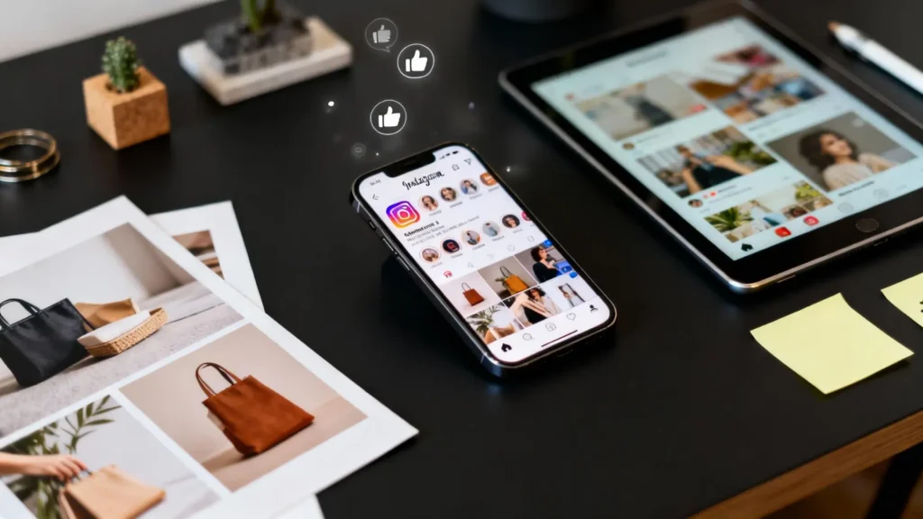 Estrategias de motivación para generar UGC en Instagram, mostrando smartphones, tablets y productos con hashtags, íconos de interacción y contenido de usuarios, resaltando engagement, credibilidad y crecimiento orgánico en marketing digital para marcas y emprendedores.