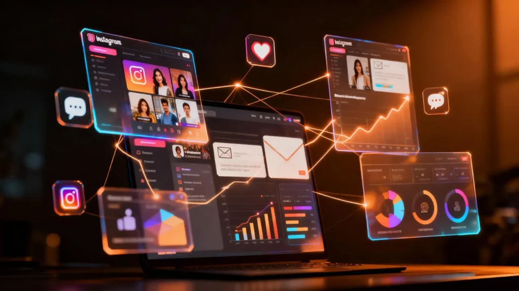 UGC Instagram combinado con estrategias de marketing digital como reels, email marketing y métricas de engagement para aumentar credibilidad y crecimiento orgánico.