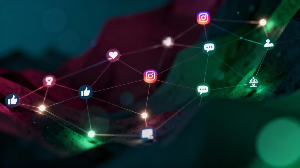 Red conceptual que representa la interacción en Instagram, engagement, conversión de seguidores en clientes y crecimiento orgánico para emprendedores.