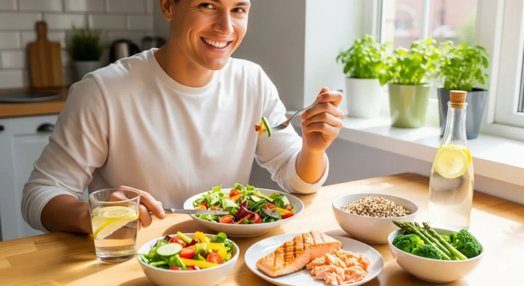 Persona feliz disfrutando de una comida saludable del libro '150 Recetas Fitness Saludables', con platos coloridos y nutritivos sobre una mesa de cocina luminosa.