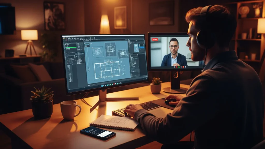 Estudiante tomando un curso AutoCAD online desde cero, frente a computadora con interfaz de AutoCAD visible, con auriculares, aprendizaje remoto, clases y soporte experto, formación AutoCAD online para principiantes, curso AutoCAD completo.