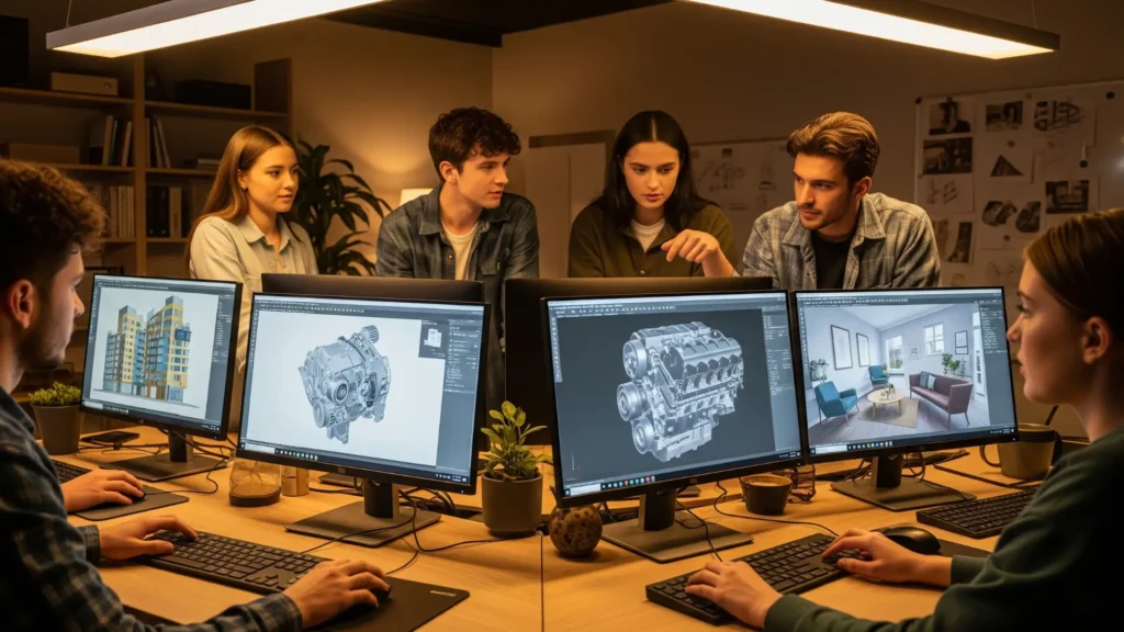 Estudiantes aprendiendo AutoCAD desde cero frente a computadoras, trabajando con planos 3D y ejercicios prácticos, curso AutoCAD online, opiniones de estudiantes, formación AutoCAD para principiantes.