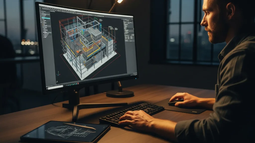 Persona trabajando frente a computadora con AutoCAD desde cero, mostrando plano 3D en pantalla, teclado profesional y tablet, aprendizaje práctico de AutoCAD, curso AutoCAD online, invertir tiempo en formación AutoCAD, AutoCAD para principiantes, desarrollo de habilidades en diseño asistido por computadora.