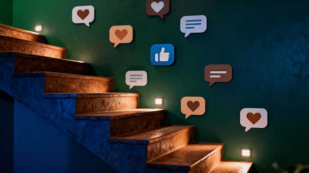 Imagen conceptual que representa el crecimiento en Instagram para emprendedores, mostrando un camino ascendente con iconos abstractos de redes sociales en tonos oscuros cálidos, ilustrando engagement, éxito y estrategias para atraer clientes sin publicidad pagada.