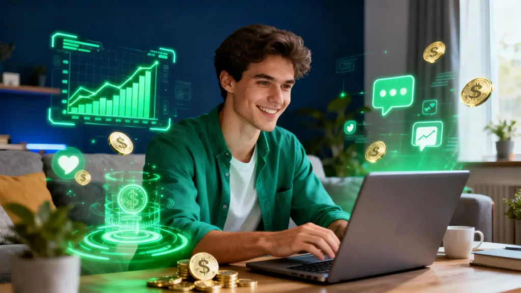 Emprendedor trabajando desde casa en marketing de afiliados, generando ingresos online con estrategias digitales, motivación y crecimiento en negocio digital 2025.