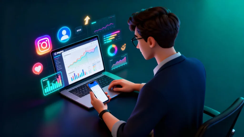 Emprendedor analizando métricas de Instagram para convertir seguidores en clientes con estrategias de interacción y marketing digital