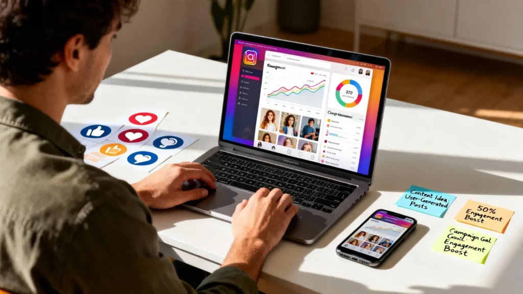 Estrategias de Instagram para aumentar engagement y atraer clientes, mostrando planificación de contenido y análisis de interacciones.