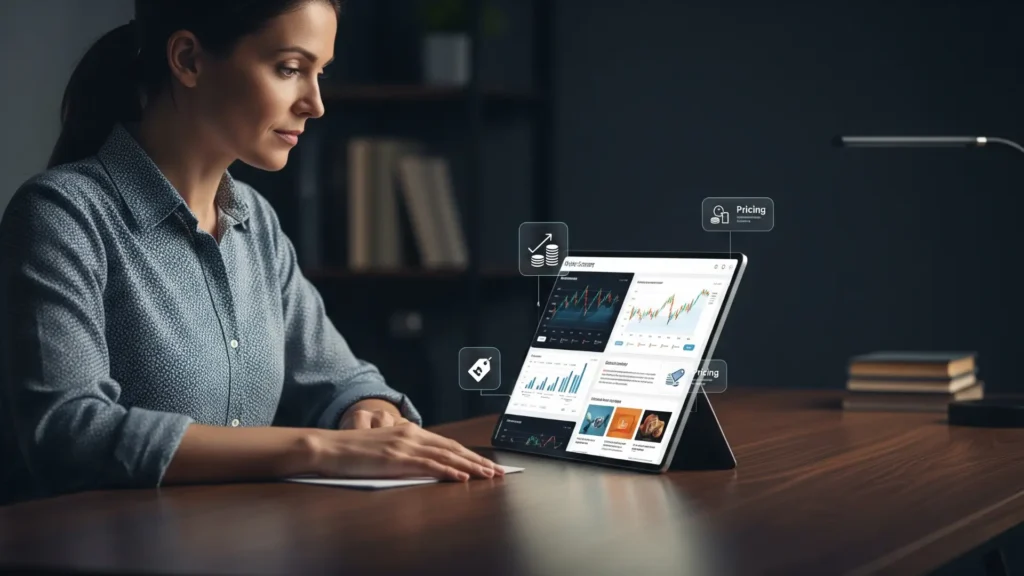 Persona usando laptop viendo curso Fotogrametría Máster online, aprendiendo fotogrametría con drones, con gráficos y materiales digitales, inversión profesional en formación, ambiente moderno y profesional.
