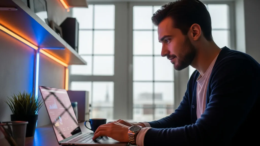 Emprendedor concentrado trabajando en su negocio online tras inscribirse en la formación Partner 360, transmitiendo motivación, profesionalismo y decisión realista.