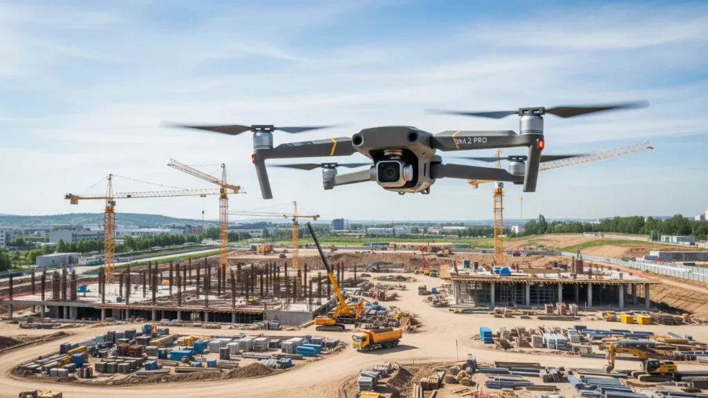 Dron DJI Mavic 2 Pro realizando fotogrametría aérea en un proyecto de construcción con ingenieros observando.