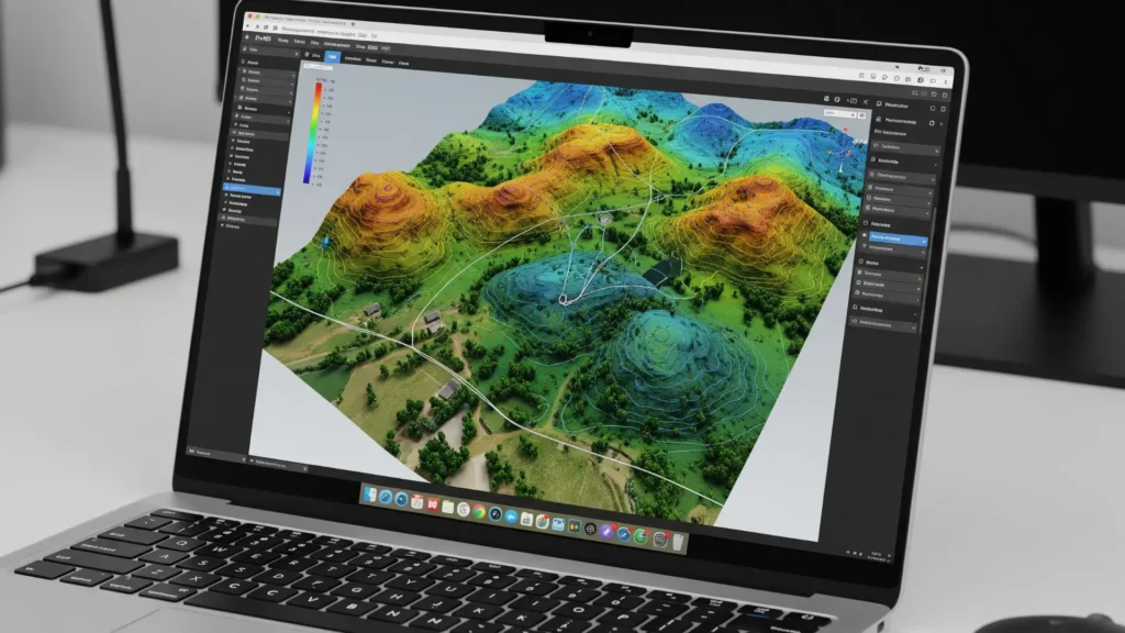 Pantalla de software de fotogrametría Pix4D mostrando modelo 3D de terreno en laptop profesional.