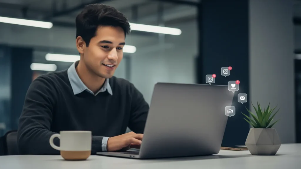 Persona confiada usando laptop con iconos de Instagram visibles, simbolizando seguridad y garantía al invertir en Insta Leads.