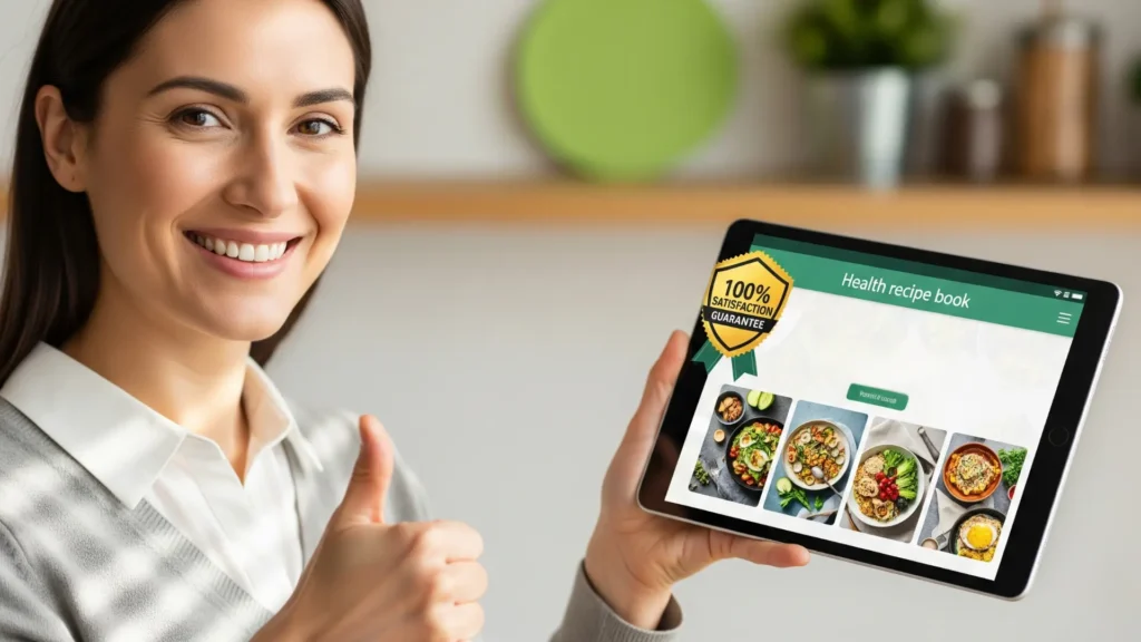 Persona sonriente con pulgar arriba sosteniendo libro digital de recetas para diabéticos, con sello de garantía, transmitiendo confianza y seguridad en la compra del producto.