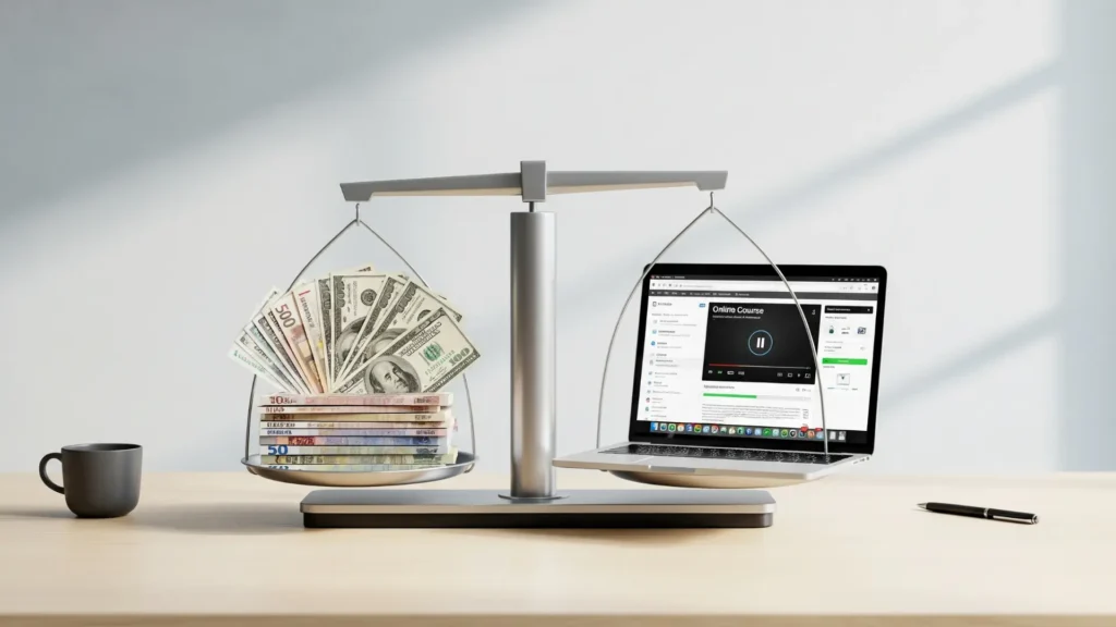 Balanza equilibrando dinero y curso online, simbolizando la inversión inteligente y el valor del curso Insta Leads para generar ingresos.