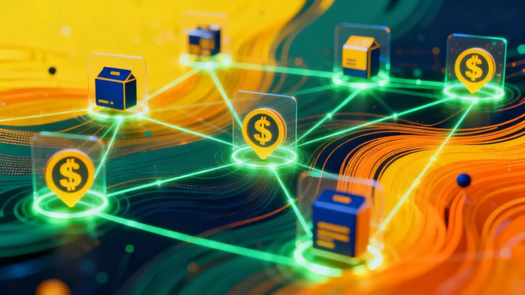 Concepto digital de marketing de afiliados con productos conectados y símbolos de ingresos online, ilustrando cómo empezar sin experiencia.