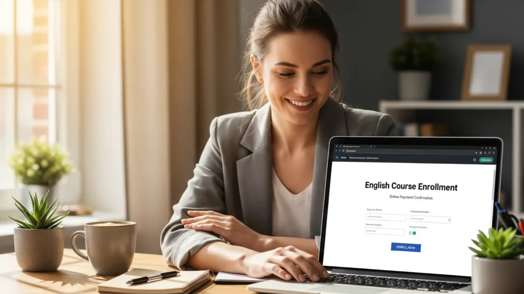 Persona realizando el pago único en línea para acceder al curso de inglés completo.