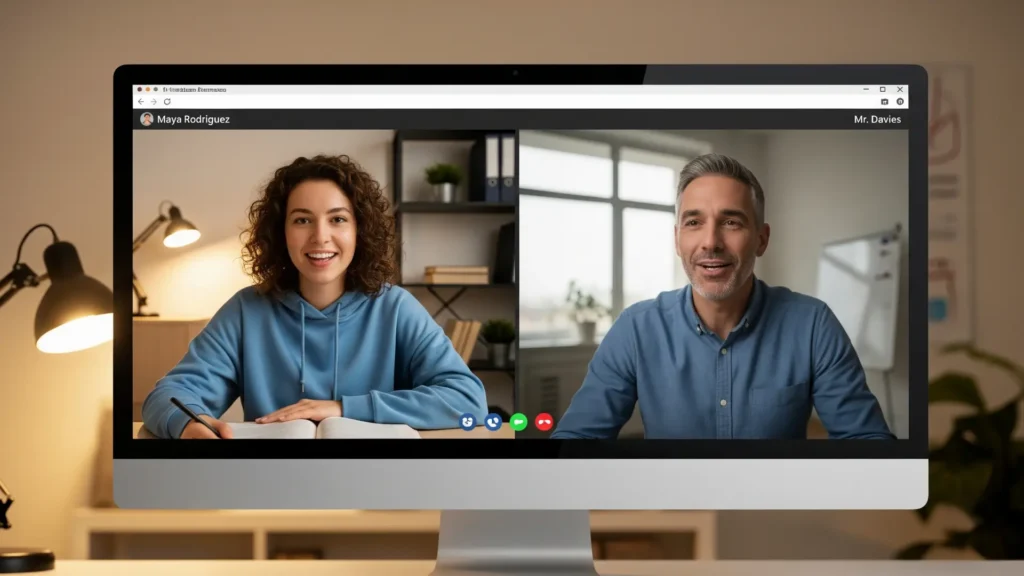 Alumno practicando conversación en inglés por videollamada con un profesor en línea.
