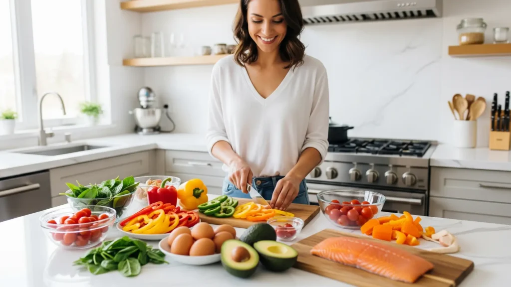 Mujer preparando recetas keto fáciles en una cocina moderna con ingredientes saludables.