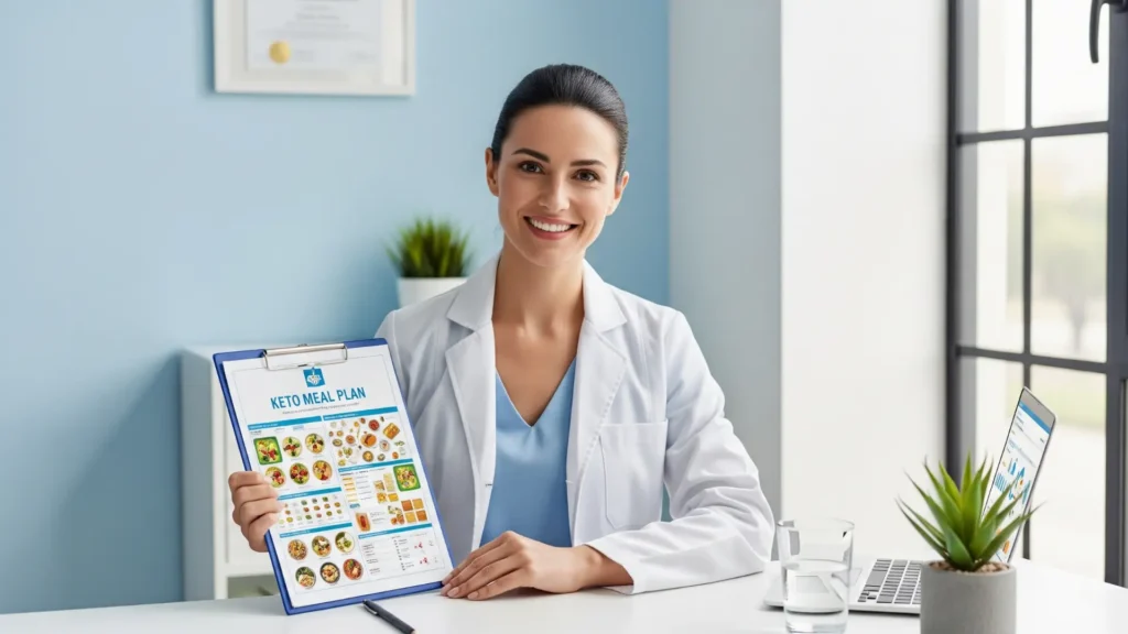 Nutricionista mostrando plan de dieta keto en consulta profesional.