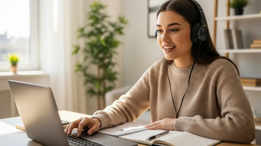 Estudiante practicando en el curso inglés en casa con computadora y audífonos para lograr fluidez rápidamente.
