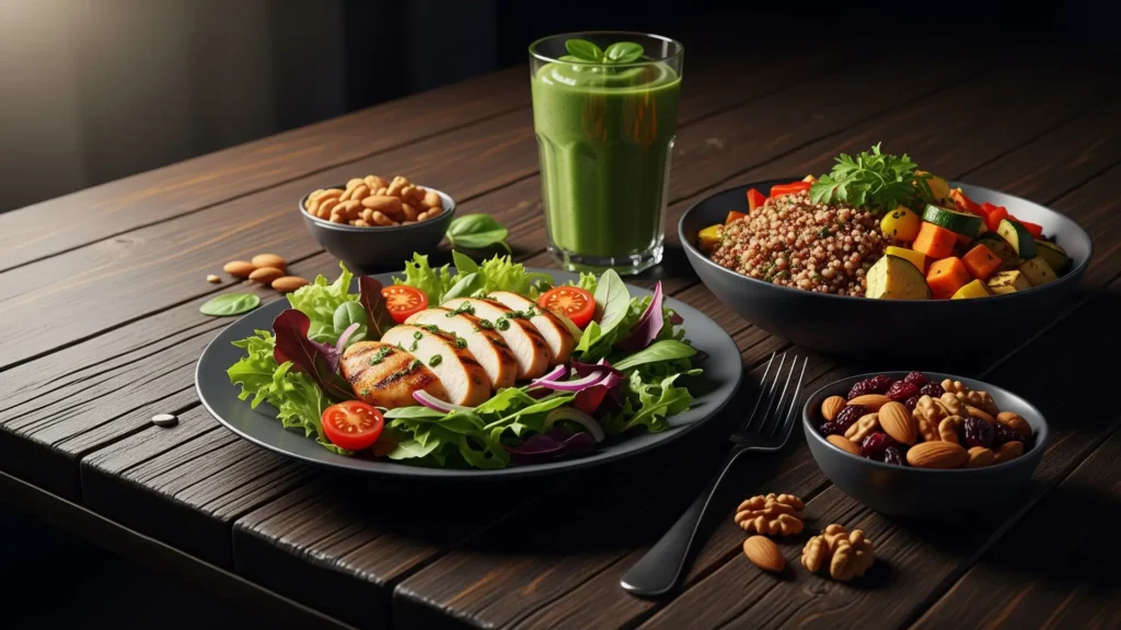 Fotografía realista con tonos oscuros de una mesa rústica con ensalada de pollo, bowl de quinoa con vegetales, batido verde y frutos secos, presentada de forma elegante y saludable.