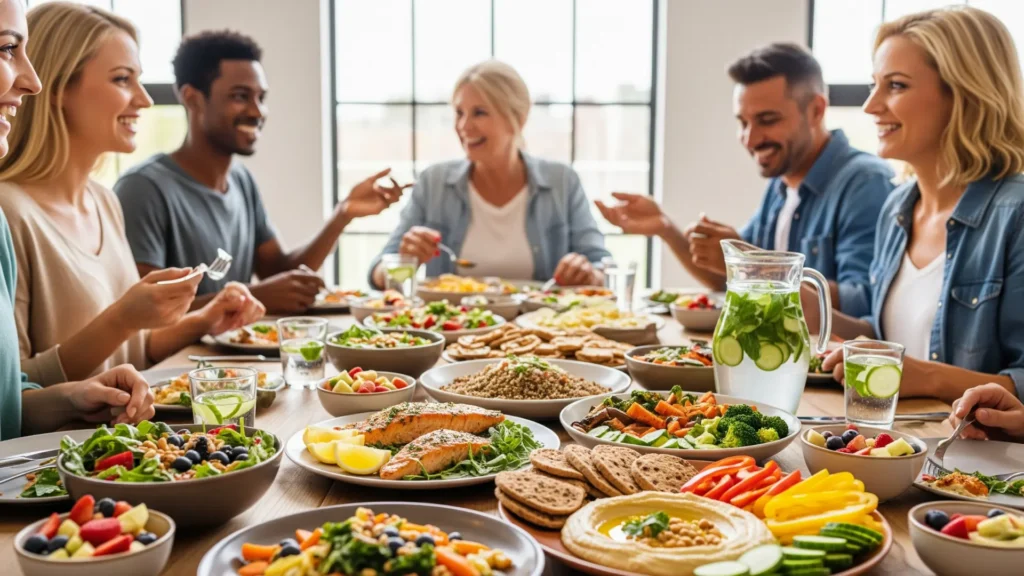 Personas felices disfrutando de comidas saludables de '150 Recetas Fitness Saludables', mostrando platos coloridos y nutritivos y resultados reales de recetas fitness y pérdida de peso.
