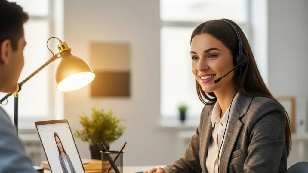 Agente de soporte profesional ofreciendo ayuda a un alumno del curso Partner 360 de Fabio Serna, transmitiendo confianza y acompañamiento cercano.