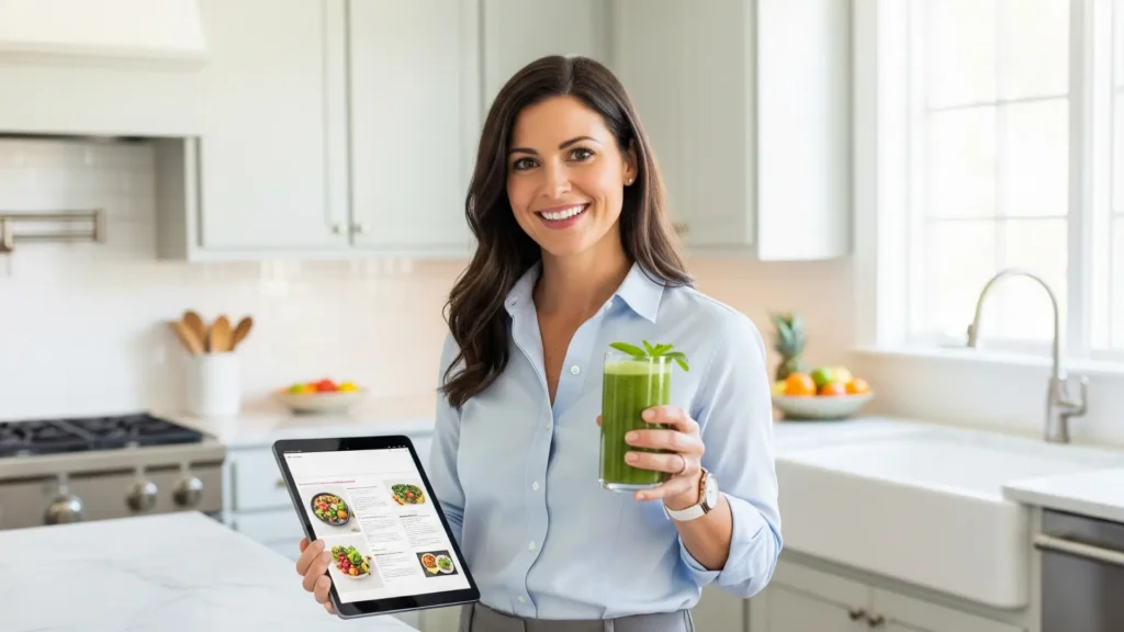 Nutricionista mostrando confianza en el recetario 120 Batidos y bebidas saludables.