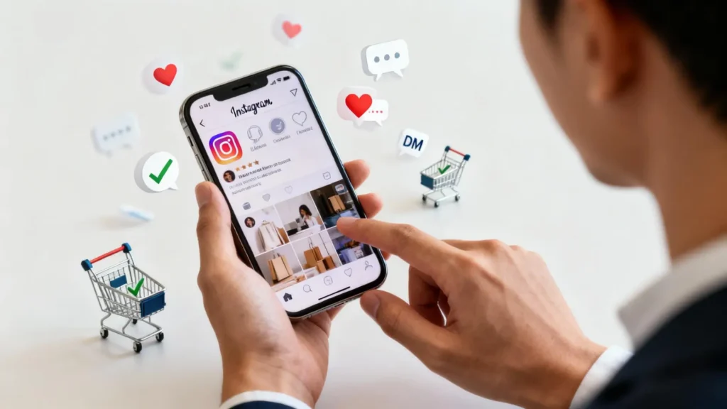 Emprendedor usando Instagram con comentarios, likes y mensajes directos, mostrando interacción orgánica y estrategias efectivas para convertir seguidores en clientes.