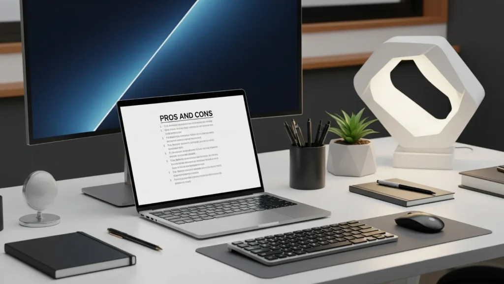 Pantalla de ordenador mostrando lista de pros y contras del curso de afiliados Partner 360.