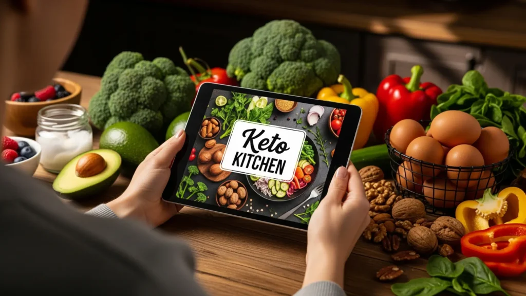 Persona sosteniendo tablet con recetario digital 500 Recetas Keto Fáciles, rodeada de ingredientes frescos, transmitiendo confianza en el recetario keto.