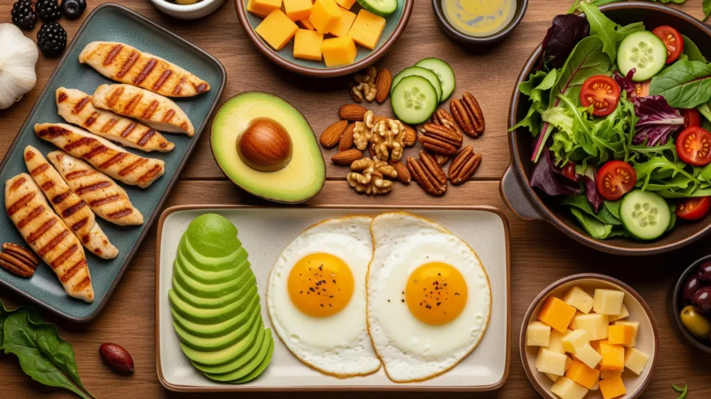 Mesa con platos de recetas keto fáciles: huevos, aguacate, pollo a la parrilla, ensaladas y frutos secos, mostrando variedad y nutrición para la dieta cetogénica.