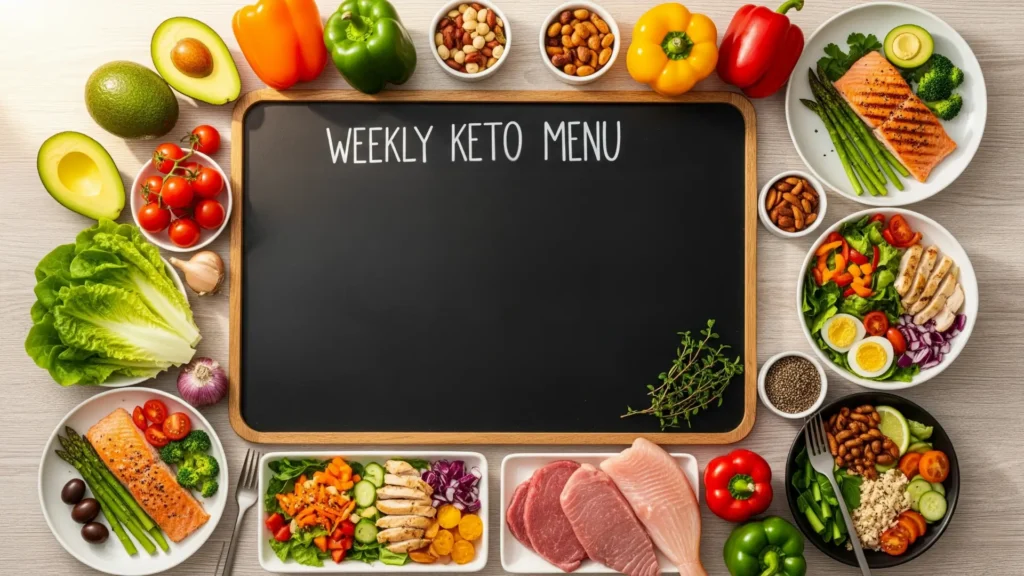 Menú semanal keto con recetas y lista de compras, representando planificación clara y fácil del Método Keto Fácil