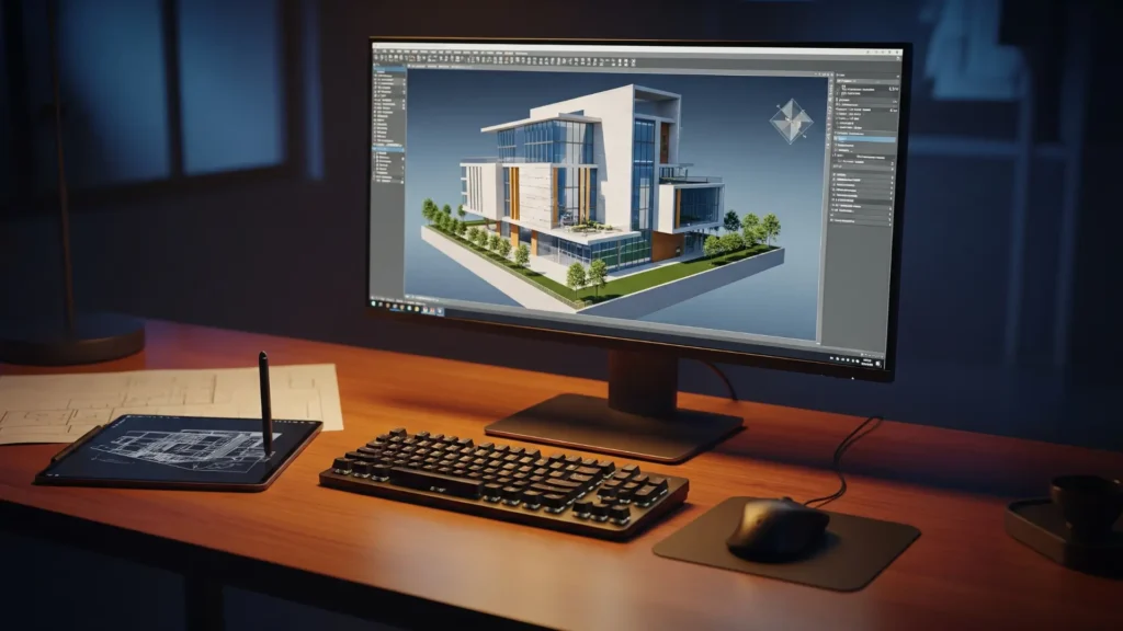 Espacio de trabajo moderno para aprender AutoCAD desde cero, mostrando computadora con plano 3D, teclado profesional y tablet, ideal para diseño arquitectónico y dibujo técnico, formación AutoCAD online, curso AutoCAD para principiantes.
