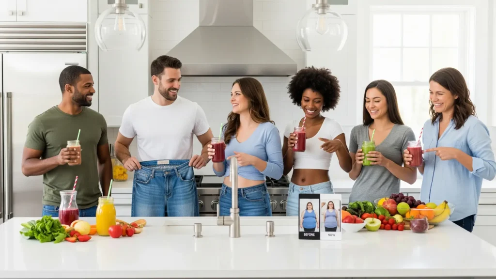 Personas reales disfrutando batidos para adelgazar y compartir testimonios positivos.