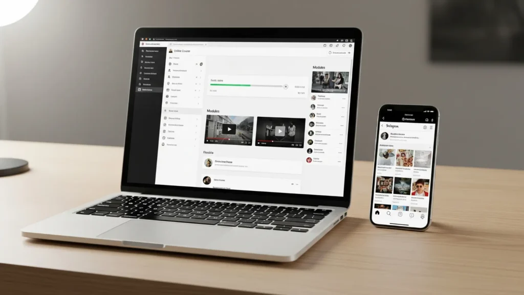 Laptop y móvil mostrando un curso online y la app de Instagram en un escritorio moderno, simbolizando acceso completo al curso Insta Leads.
