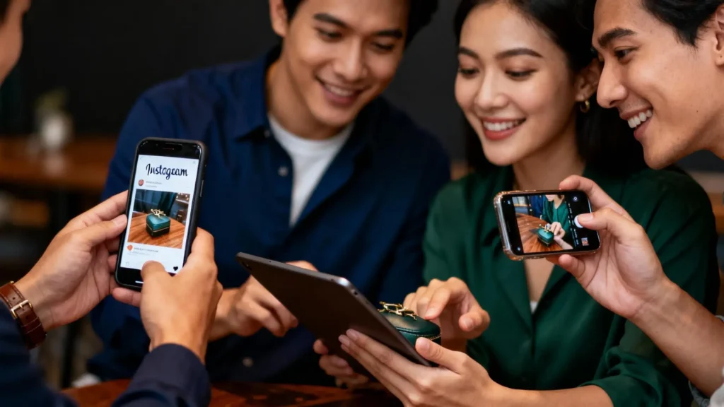 Persona creando User Generated Content (UGC) en Instagram usando smartphone, mostrando interacción auténtica con productos. Contenido generado por usuarios que aumenta confianza, engagement y credibilidad de la marca, potenciando estrategias de marketing digital y crecimiento orgánico en Instagram.