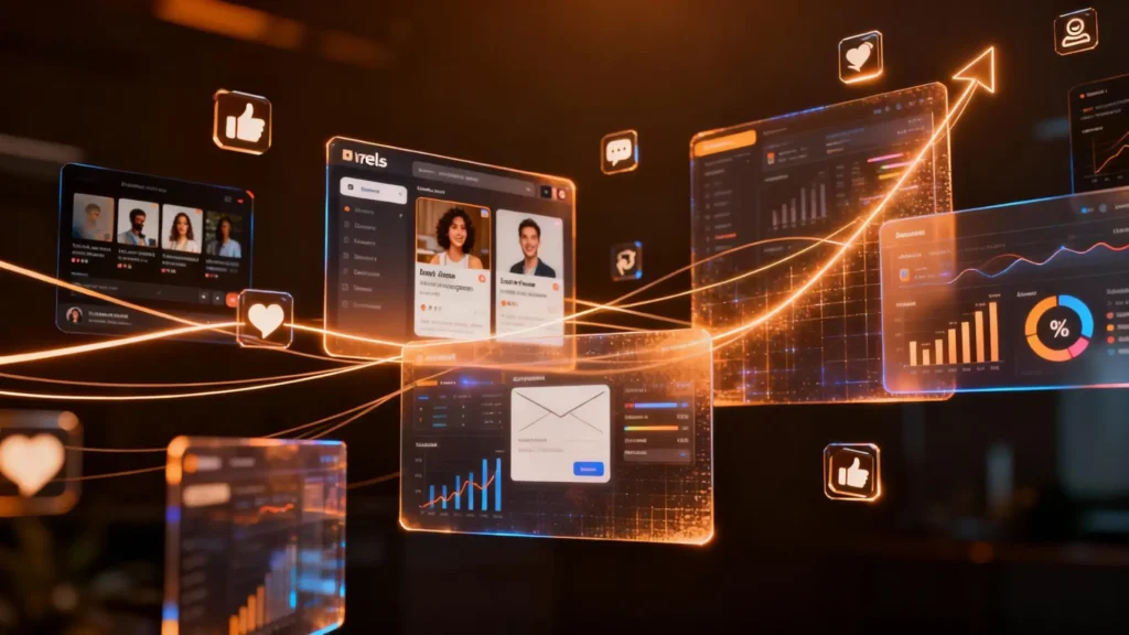 UGC Instagram combinado con estrategias de marketing digital como reels, email marketing y métricas de engagement para aumentar credibilidad y crecimiento orgánico.