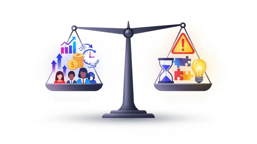 Ilustración moderna de una balanza que compara ventajas y desventajas de Insta Leads: a la izquierda, íconos de crecimiento, dinero, tiempo y comunidad; a la derecha, símbolos de advertencia, reloj de arena y creatividad. Diseño minimalista y profesional en estilo infográfico.