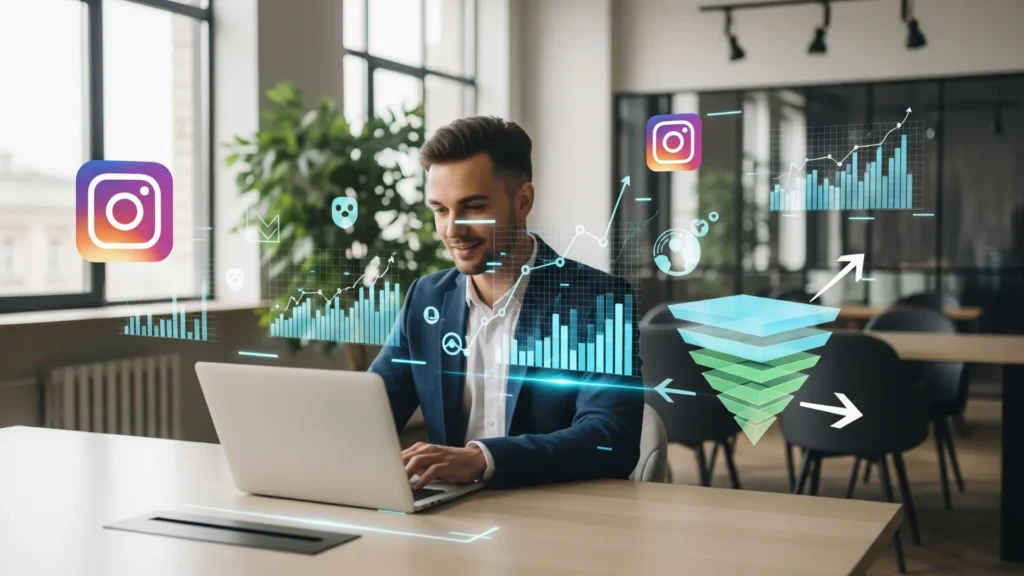 Persona trabajando desde un portátil con iconos de Instagram y gráficos de ventas digitales proyectados, simbolizando ingresos pasivos y automatización con Insta Leads de Alex Just.