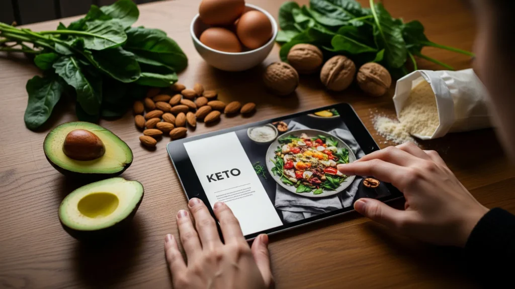 Persona revisando el recetario digital 500 Recetas Keto Fáciles en tablet, rodeada de ingredientes frescos, transmitiendo valor y practicidad del recetario keto.