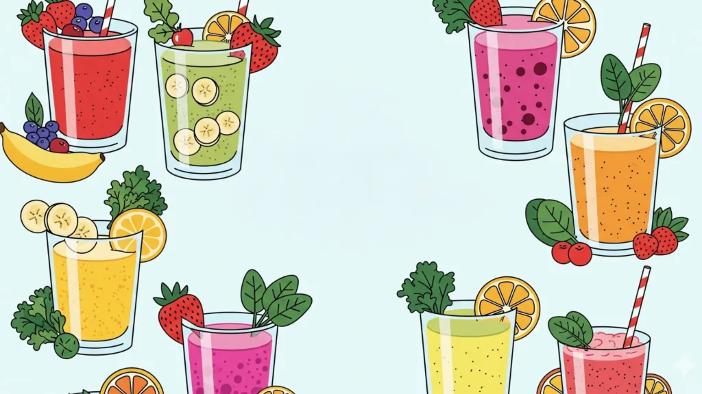 Portada del recetario 120 Batidos y bebidas saludables, mostrando batidos y frutas frescas, recetas de batidos para bajar de peso.