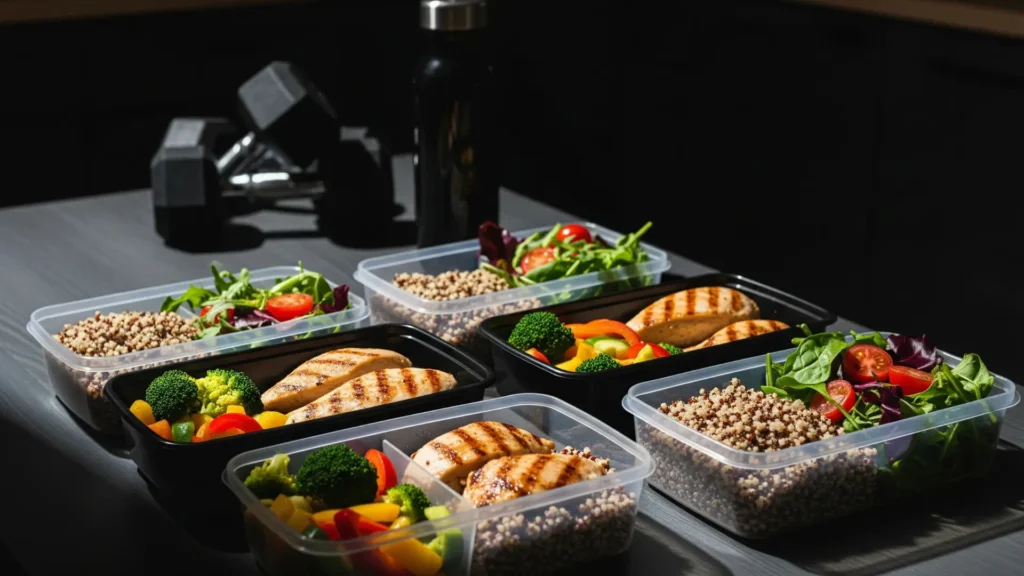 Foto realista en tonos oscuros de comidas fitness saludables para perder peso, con pollo a la plancha, vegetales, quinoa y ensaladas en recipientes de meal prep, acompañados de mancuernas y botella de agua, ideal para un estilo de vida fitness y alimentación equilibrada.